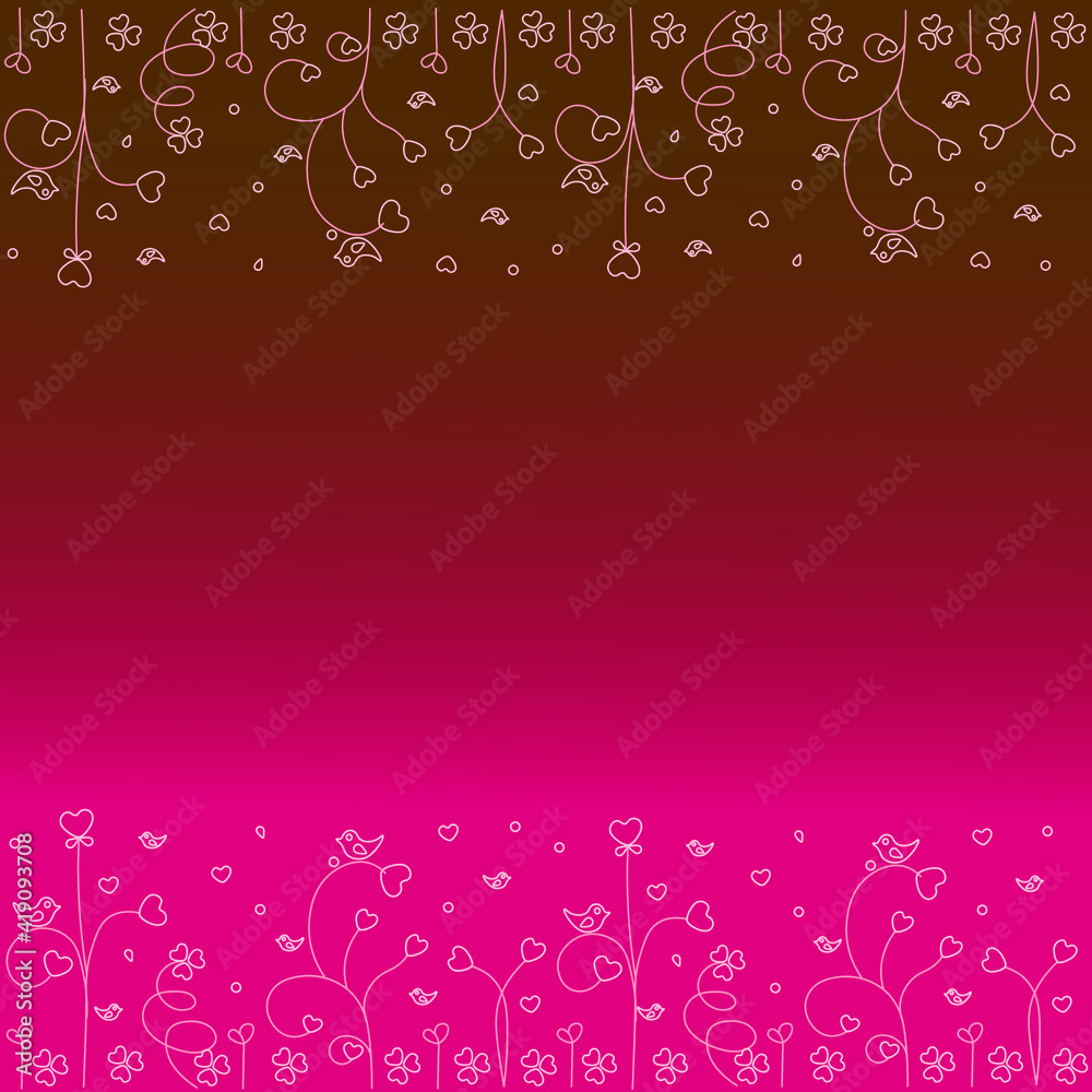 pink-crimson background. with floral patterns. on top and bottom of hearts and birds for textile, paper and digital products