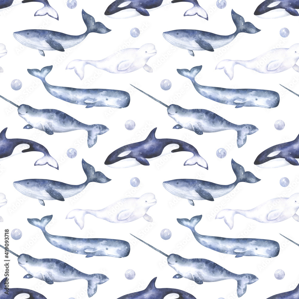 Watercolor Whales Seamless Pattern