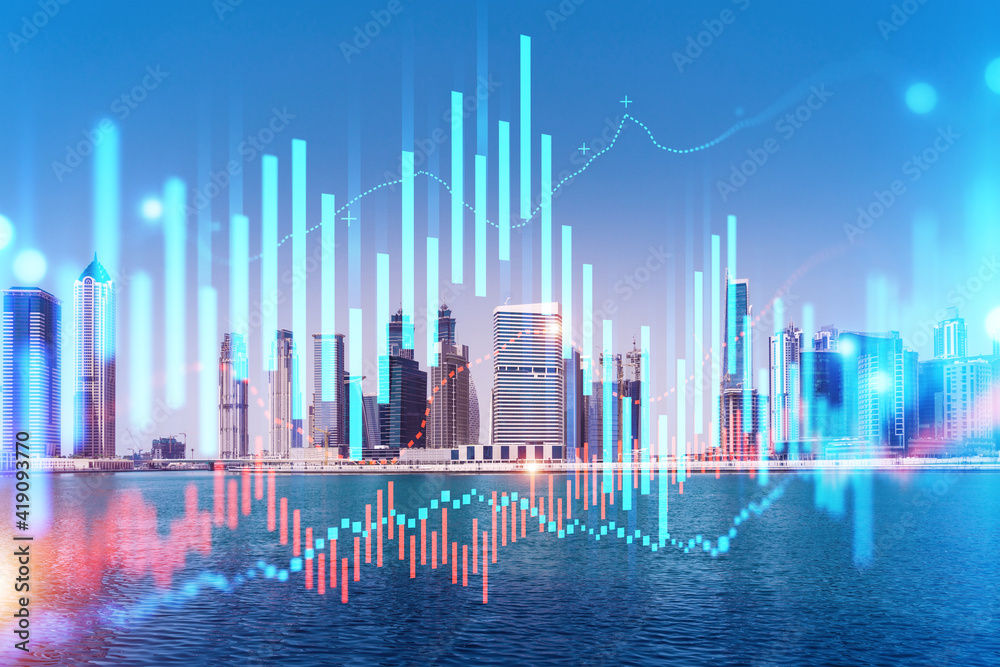 Skyscrapers of Dubai business downtown. International hub of trading and financial services of Western Asia. FOREX graph and chart concept. Double exposure. Dubai Canal waterfront.