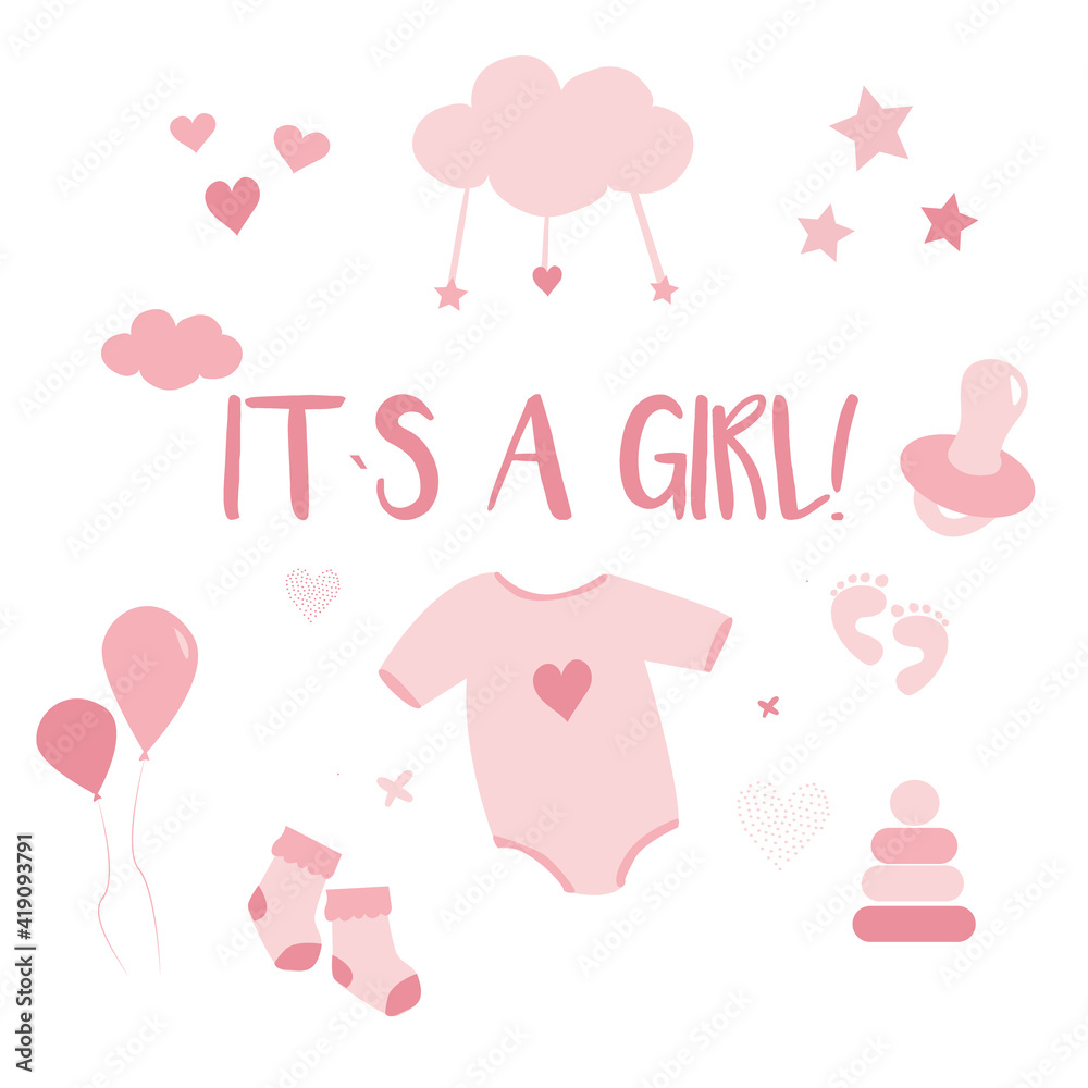 Greeting card its a girl. Children's posters. Baby shower illustrations set. Hand drawn newborn boy items and elements. Invitations, cards, nursery decor. Newborn metric for children bedroom.
