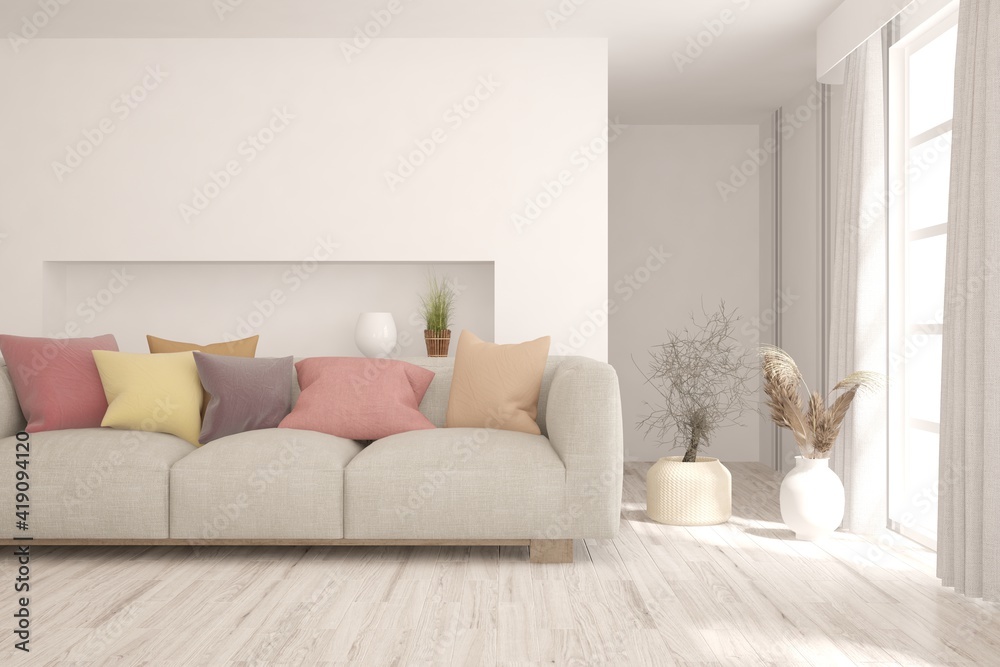 Naklejka premium White living room with sofa. Scandinavian interior design. 3D illustration