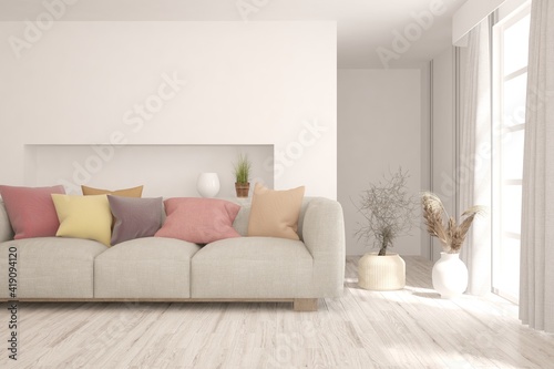 White living room with sofa. Scandinavian interior design. 3D illustration