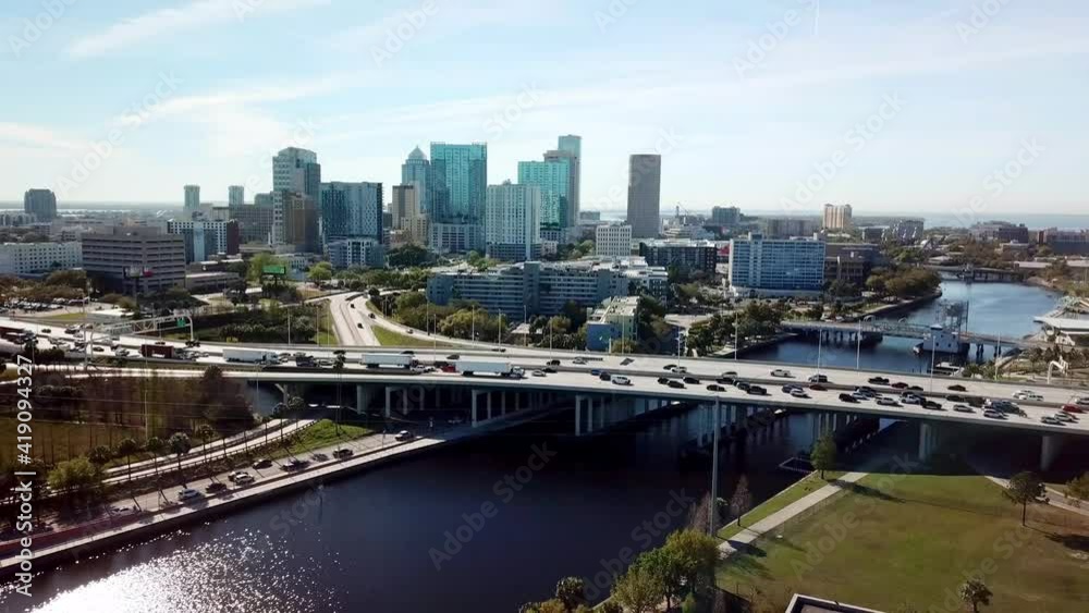 Aerial Pullout Along Riverwalk in Tampa Florida Aerial Pullout Along Riverwalk in Tampa Florida