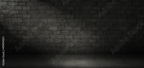 Stone wall and concrete floor texture in the dark, three dimensional background for wallpaper or product display