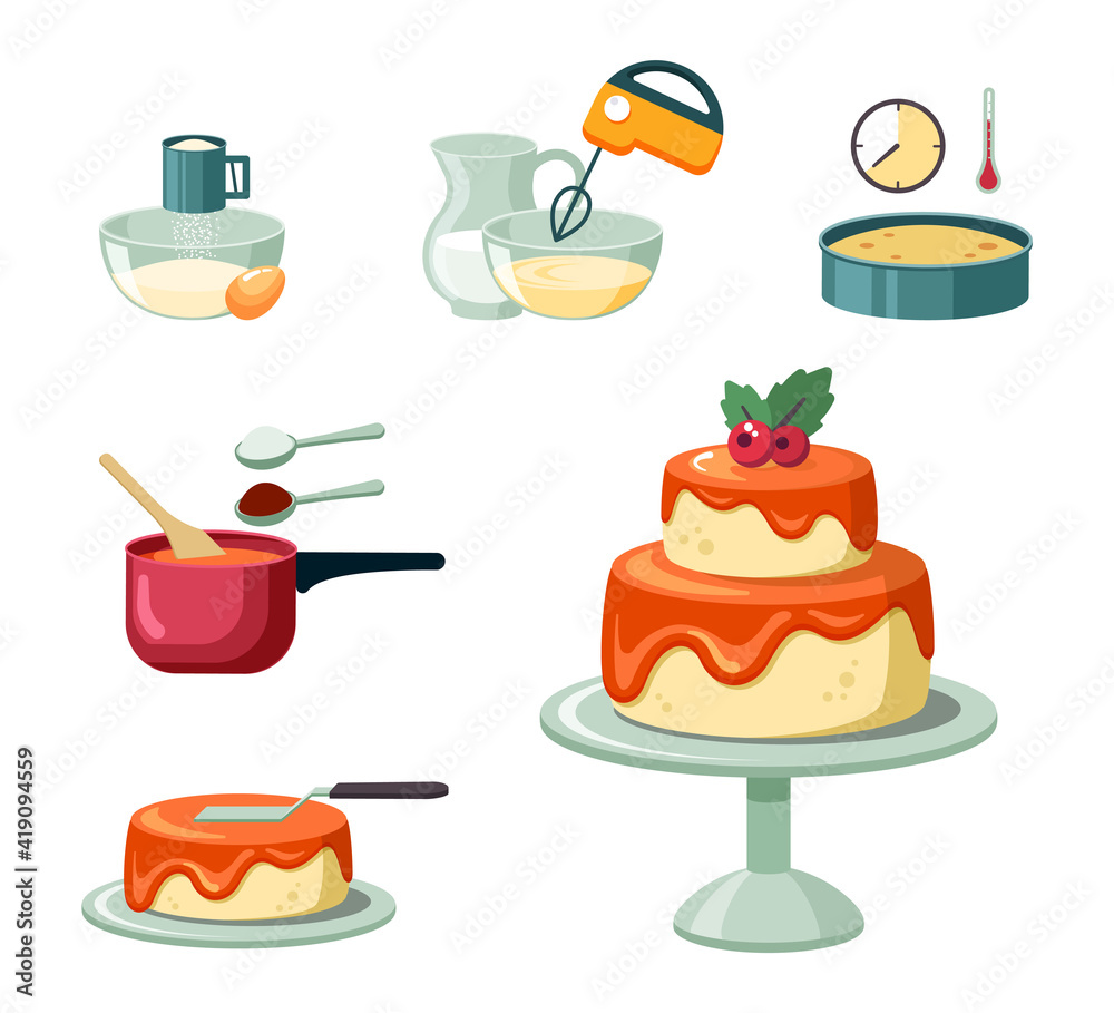 Stages and equipment making birthday cake set. Beat yellow crust mass with mixer and bake in oven mix orange glaze and spread scoop on beautiful two tiered cake. Cartoon sweet vector. Stock Stages and equipment making birthday cake set. Beat yellow crust mass with mixer and bake in oven mix orange glaze and spread scoop on beautiful two tiered cake. Cartoon sweet vector. Stock