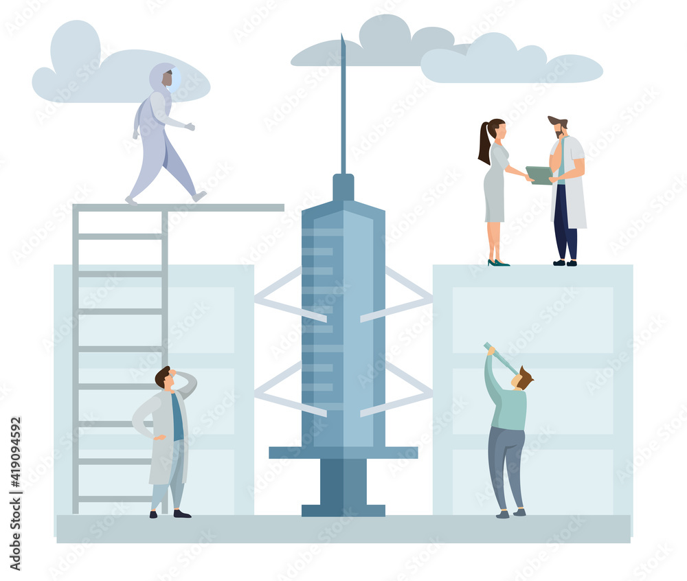 Fototapeta premium Group of little flat people send a astronaut rocket syringe flying. Character Team of scientists and doctors are developing a vaccine. Health care landing page template. Modern flat cartoon style