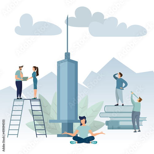 Medical team and scientist have discovered the COVID-19 vaccine, laboratory test, syringe, a vaccine vial, working on the test. vaccine development Ready for treatment illustration, vector flat design