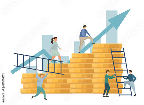 man climbs coin graph, struggle for success, investment management, money growth and profit graph, career growth to success, flat color icons, business analysis, vector illustration