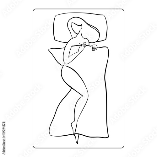 Woman sleeps in the bed. Hand drawn style. Line sketch. Attractive naked woman with long beautiful hair. 