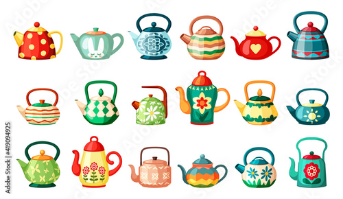 Modern and vintage teapots drawings set. Wavy stripes with trendy spots bright green vessel red decoration flower and yellow heart brewing ceramic hares head floral ethnic ornament. Vector cartoon.
