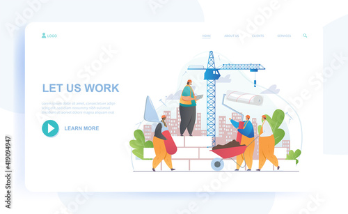 Male characters in overall are working on construction site. Group of builders are constructing new building together. Website, web page, landing page template. Flat cartoon vector illustration