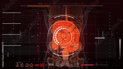 Analysis of Human Anatomy. Scan on Futuristic Touch Screen Interface showing digestive organs, skeleton. Digital displays with an x-ray scan of stomach and intestines, graphs analysis of organs.