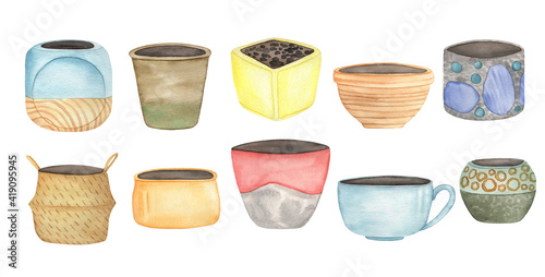 Watercolor decorative house plants pots, boho home plant pots clipart