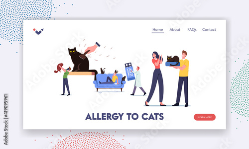 Cat Allergy Landing Page Template. Characters with Allergic Reaction on Pet, Doctor Carry Huge Anti Histamine Remedy