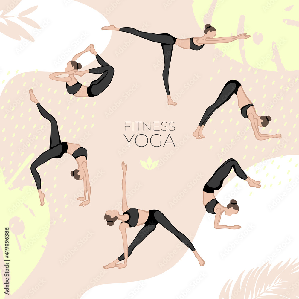 Fototapeta premium vector set of yoga poses, beautiful sports girls on a poster, silhouettes of plants on a colored background