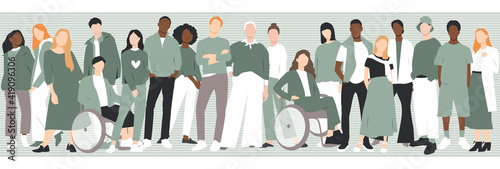 People of different ethnicities stand side by side together. Flat vector illustration.	

