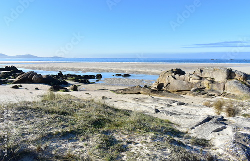 Carnota Beach or Playa de Carnota, the largest galician beach at famous Rias Baixas region. Coruña Province, Galicia, Spain.