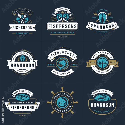 Seafood logos or signs set vector illustration fish market and restaurant emblems templates design
