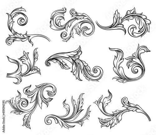 Baroque Scroll as Element of Ornament and Graphic Design with Spirals and Rolling Circle Motif Vector Set