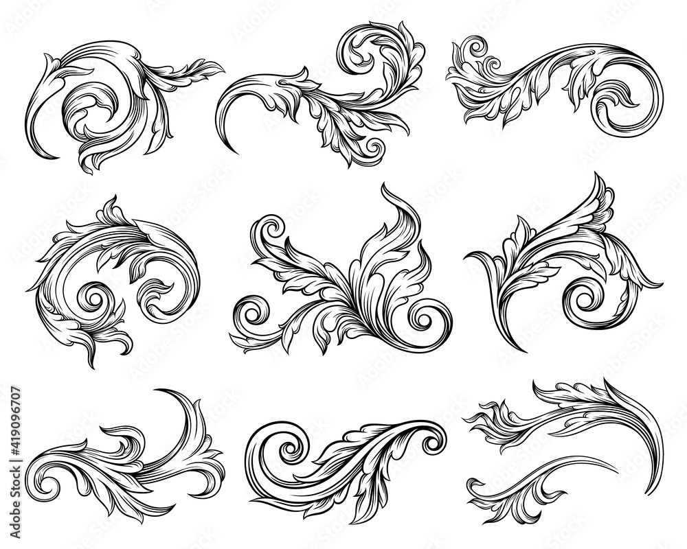 Baroque Scroll as Element of Ornament and Graphic Design with Spirals and Rolling Circle Motif Vector Set Baroque Scroll as Element of Ornament and Graphic Design with Spirals and Rolling Circle Motif Vector Set