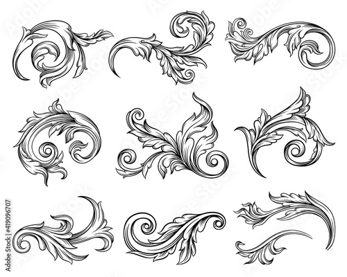 Baroque Scroll as Element of Ornament and Graphic Design with Spirals and Rolling Circle Motif Vector Set photo