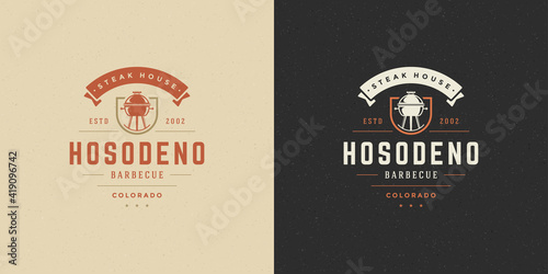 Barbecue logo vector illustration steak house or bbq restaurant menu emblem grill with bonfire silhouette