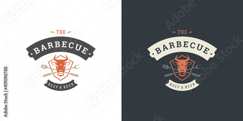 Barbecue logo vector illustration grill steak house or bbq restaurant menu emblem cow head with forks silhouette