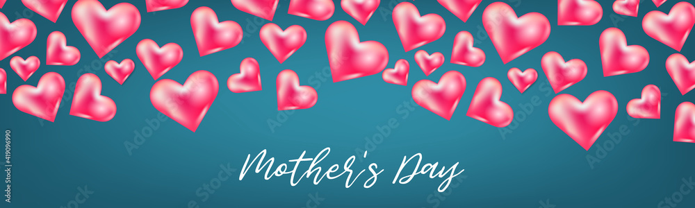 Mothers Day banner, website or newsletter header. Hearts on blue background with calligraphy lettering. Vector illustration.