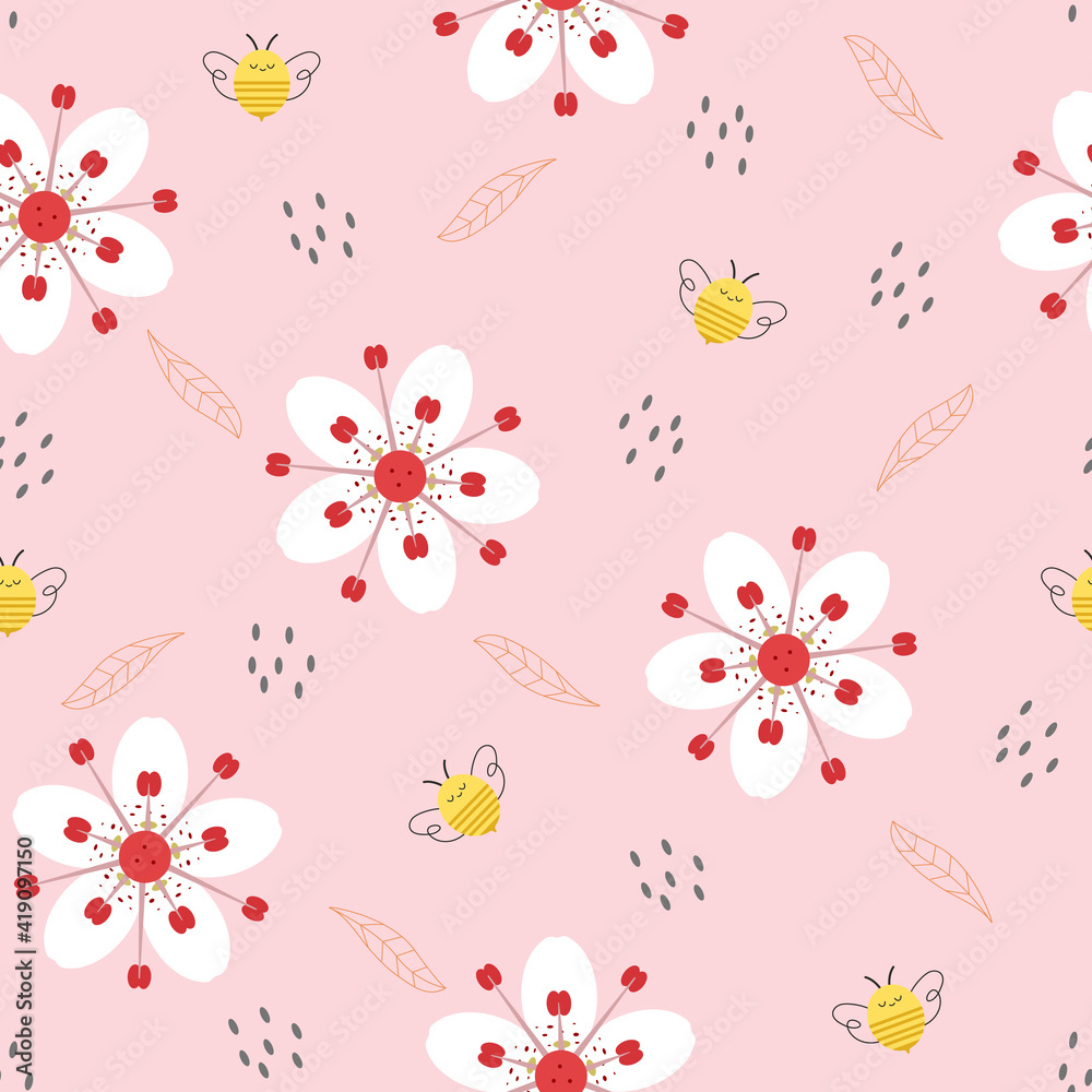 Seamless pattern with pretty flowers and bee. Seamless pattern with pretty flowers and bee.