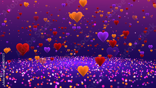 Red Purple Abstract Love With Sweet Color Heart Shape Particles And Shiny Glitter Sparkle Dust Flying Above Shiny Glitter Sparkles On Floor Background