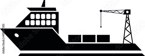 black and white cargo ship icon - a vessel larger than a boat for transporting people or goods by sea, illustration, vector