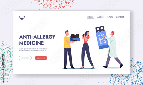 Anti-Allergy Medicine Landing Page Template. Doctor Character Prescribe Anti Histamines to Woman with Allergy on Cat Fur