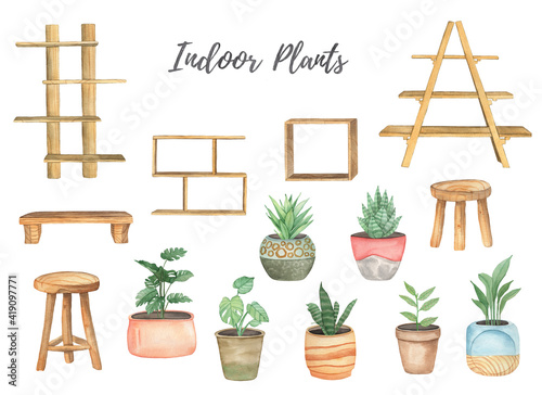 Watercolor boho wooden ladders, shelves and coasters for indoor house plants clipart