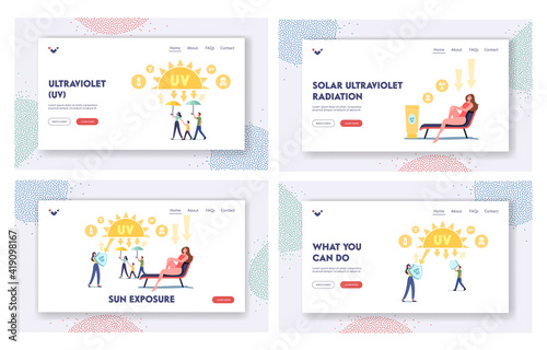 Sun Exposure Landing Page Template Set. Uv Radiation, Solar Ultraviolet Protection. Characters with Shield Reflect Light