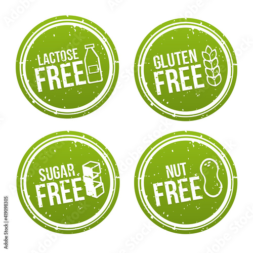 Set of Allergen free Badges. Lactose free, Gluten free, Sugar free, Nut free. Hand drawn Signs. Can be used for packaging Design.