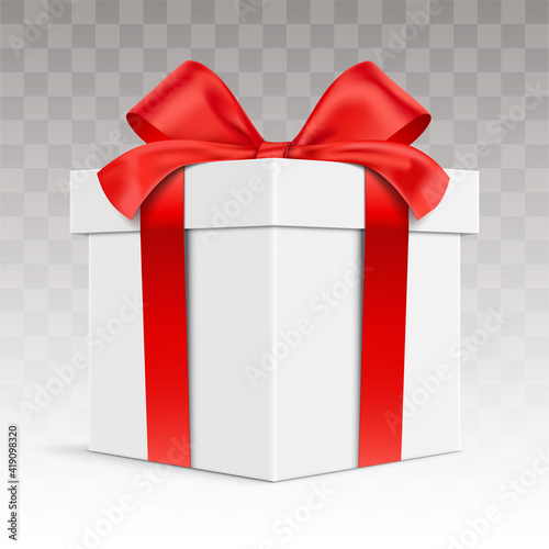 White vector giftbox. Realistic gift box, with the red satin bow, isolated on background. Cube shape present box, tied with red wrapping ribbon, standing on a surface in a front view.