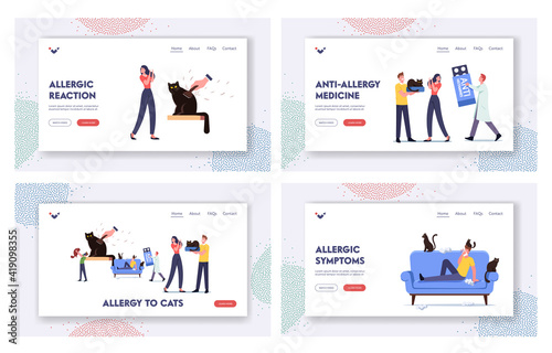 Cat Allergy Landing Page Template Set. Characters with Allergic Reaction on Pet, Doctor Carry Huge Anti Histamine Remedy