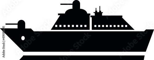 black and white war ship icon - a ship equipped with weapons and designed to take part in warfare at sea, vector, illustration
