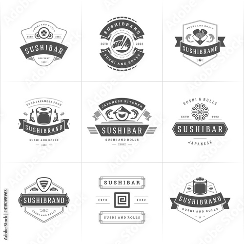Sushi restaurant logos and badges set japanese food with sushi salmon rolls silhouettes vector illustration