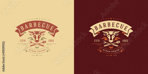 Barbecue logo vector illustration grill steak house or bbq restaurant menu emblem bull head silhouette