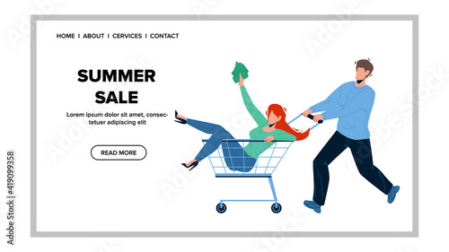 For Summer Sale Customer Running To Store Vector