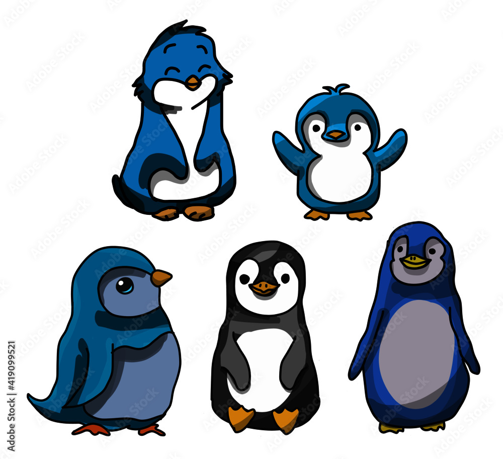 Fototapeta premium 5 Pinguin Zeichnungen für Kinder Vektor Grafik