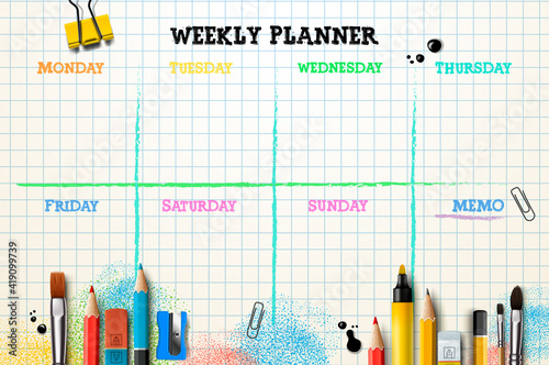 Weekly planner template. Organizer and schedule with place for Memo. Vector illustration