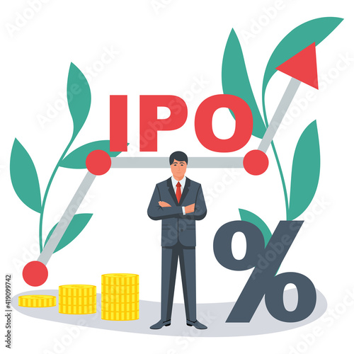 IPO concept. Businessman on the background of a successful rising graph. Increase in interest. Vector illustration flat design. Isolated on white background. Search for investors.