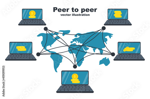 Peer to peer concept. Blockchain technology. Network business. Global cryptocurrency blockchain. Network connection. Vector illustration flat design. Isolated on white background.