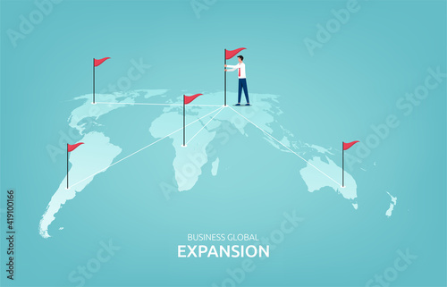 Business global expansion concept with businessman and flags symbol vector illustration. photo