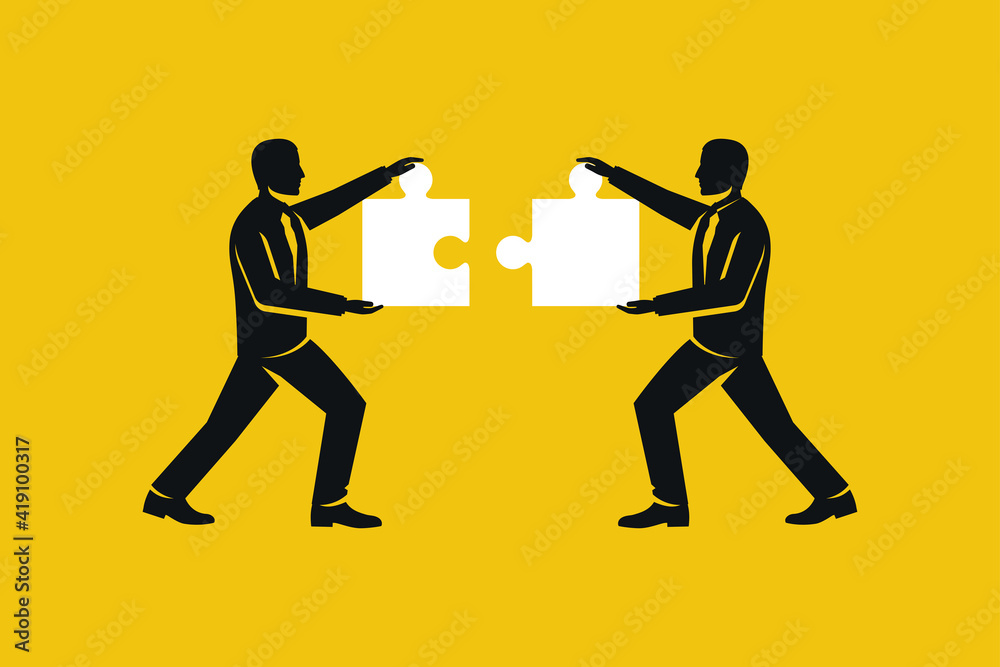 Business teamwork concept. Two businessmen connecting puzzle elements. Vector illustration flat style design metaphor. Combining two pieces. Symbol of working together, cooperation, partnership.