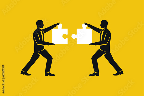 Business teamwork concept. Two businessmen connecting puzzle elements. Vector illustration flat style design metaphor. Combining two pieces. Symbol of working together, cooperation, partnership.