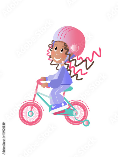 A dark-skinned girl in a pink helmet rides a multicolored bicycle.Vector illustration isolated on a white background.