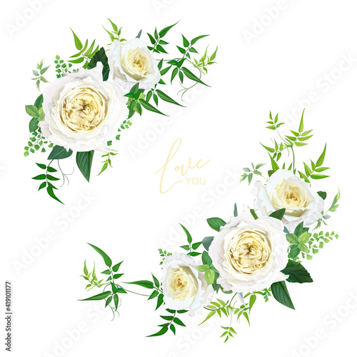 Light yellow and greenery floral editable bouquet set. Elegant cabbage rose flowers, maidenhair fern, vine green leaves, eucalyptus branches vector art illustration. Wedding invite, save the date card